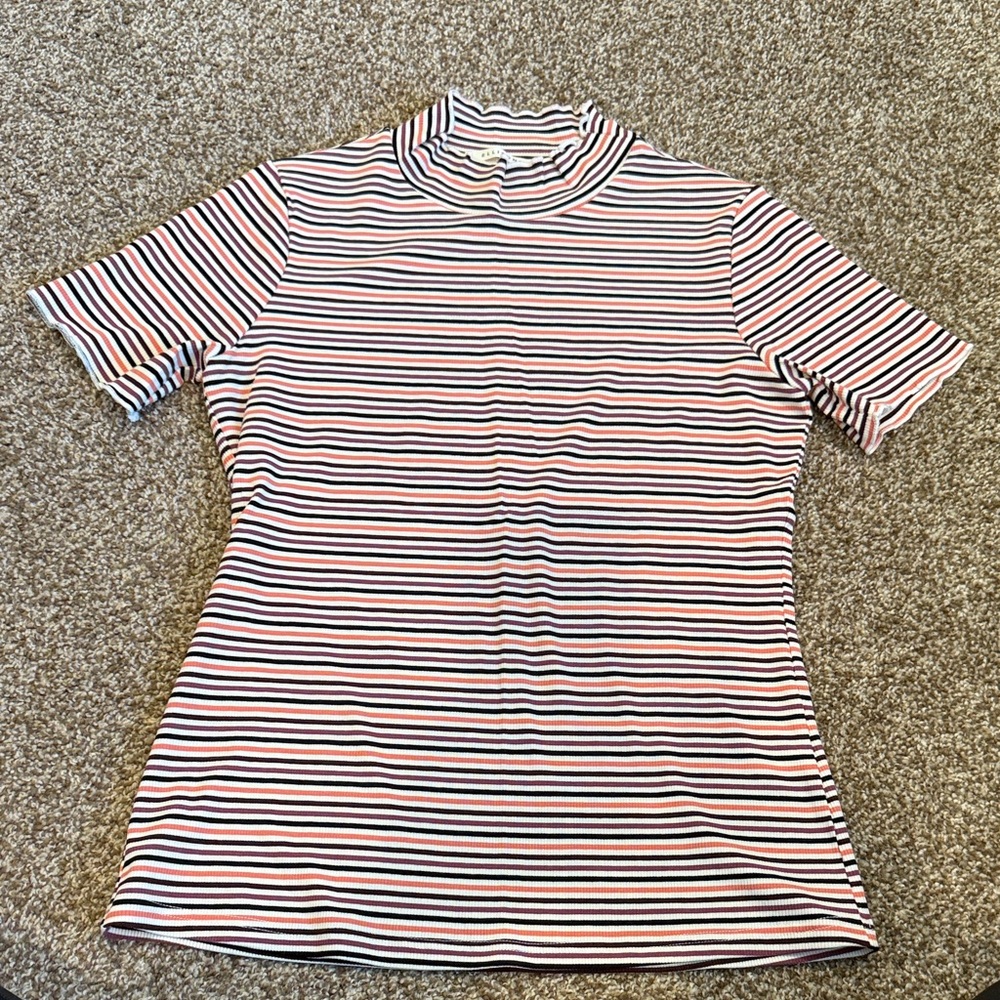 Striped Mock Neck Short Sleeve Top - Pink/Black